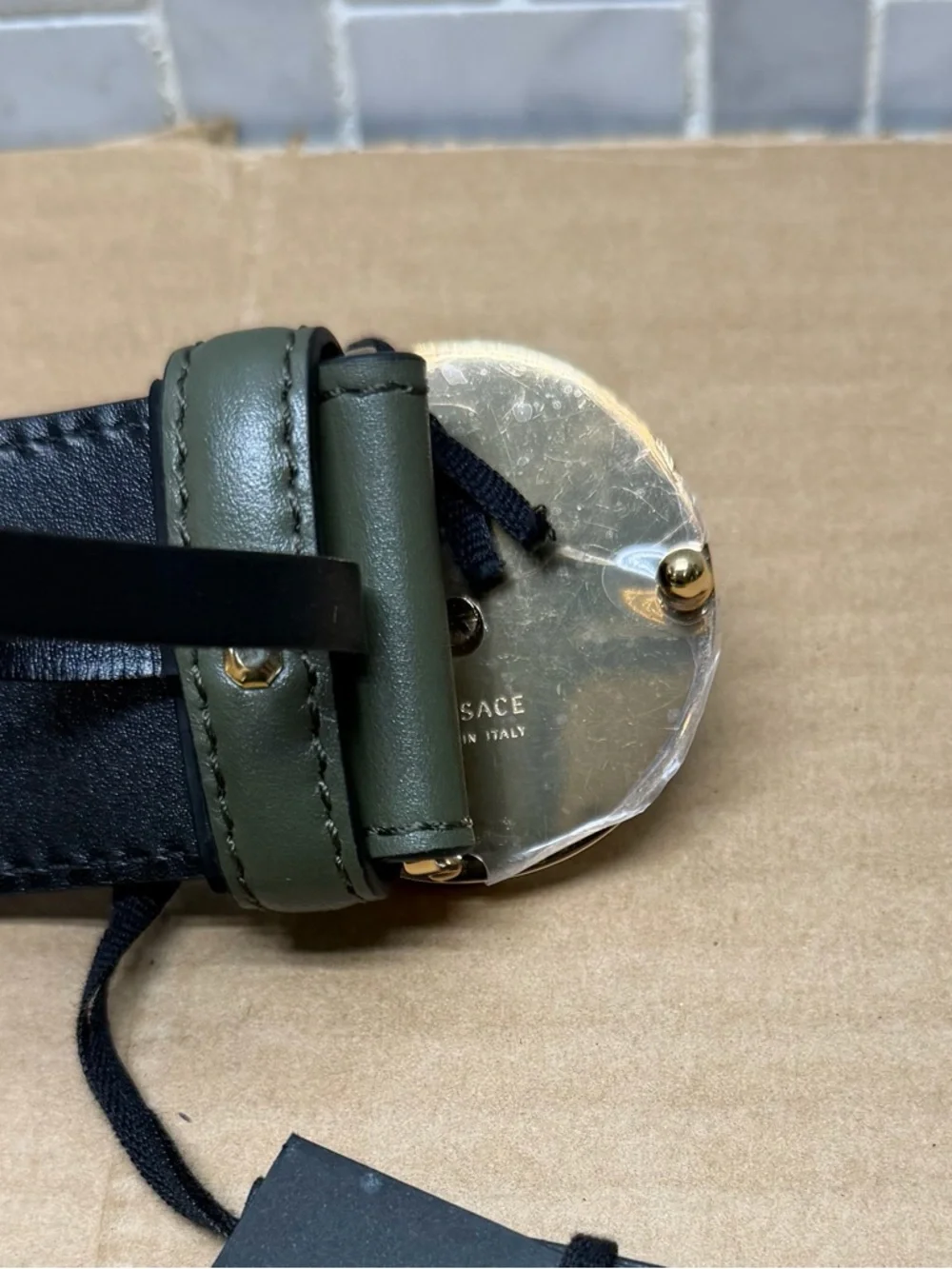 Versace Medusa Belt Dark Olive Black Leather Gold Buckle Size 130 Luxury Design